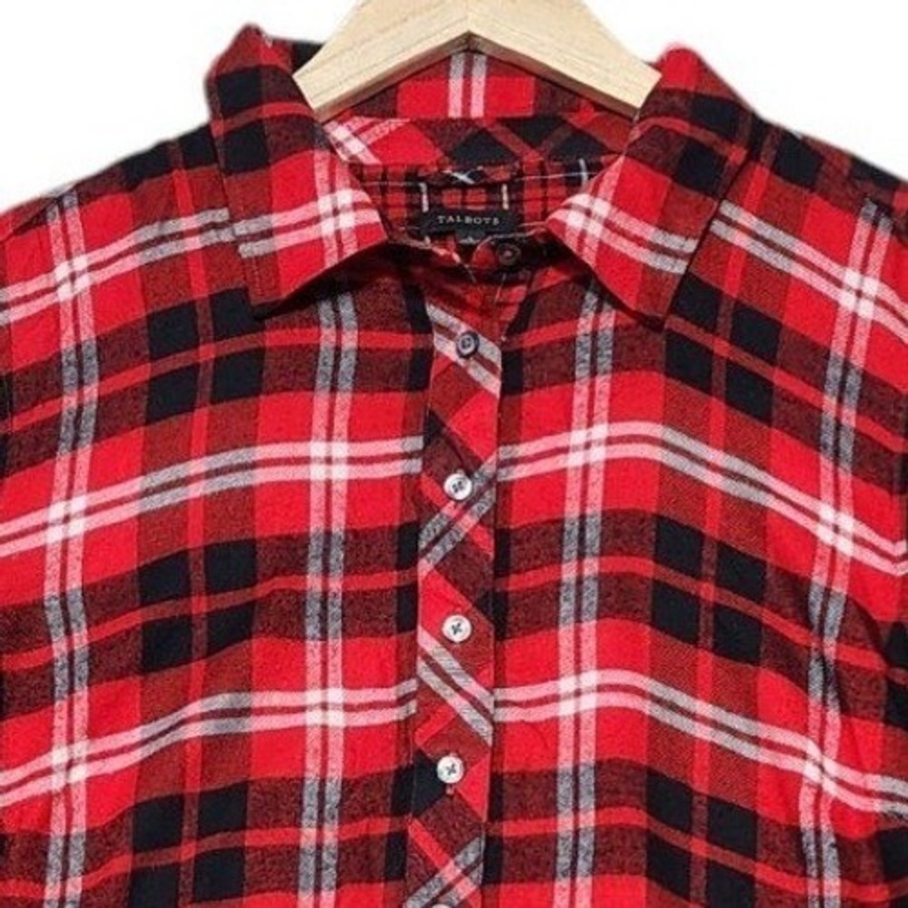 Talbots Plaid Tunic Women Large Red Black Check Rayon Button Side Popover Shirt